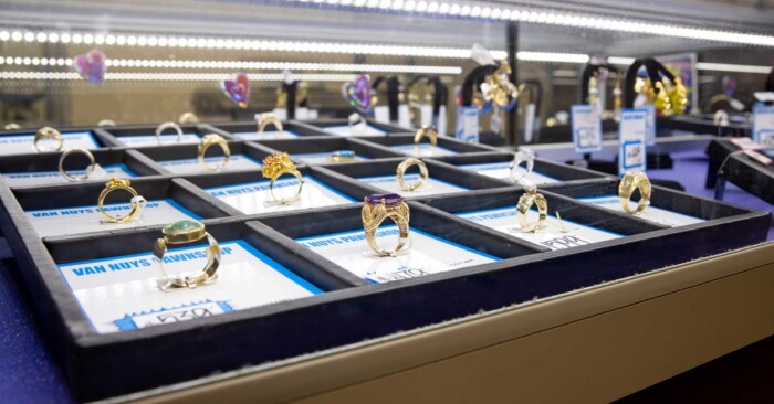 Rings on display at Maxferd's Van Nuys pawn shop